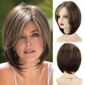 XIUFAXIRUSI XIUFAXIRUSI Short Brown Bob Wigs for White Women Shoulder Length Brown Highlights Straight Wig with Side Bangs Natural Looking Synthetic Hair Wig