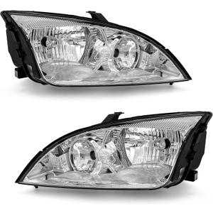 Headlight Assembly for 2005 2006 2007 Ford Focus Clear Lens Chrome Housing with Clear Reflector Headlamp Replacement Left and Right Pair