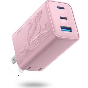 65W GaN Fast Charger Block, 3-Port Wall Charger,USB Charger Block Multiple Ports Compatible with iPhone 16/15 Series, Galaxy S25/S24 Ultra, and Travel Charger for Multiple Devices(Pink)