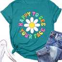 Happy to See Your Face Shirt: Women Funny Teacher T-Shirt First Day of School Shirts Groovy Back to School Tee Top(Cyan, Small)