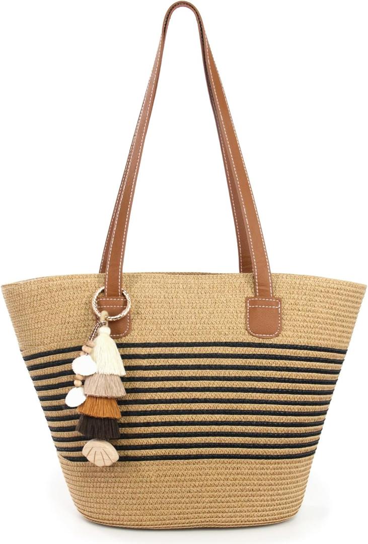 RUNROLE Straw Beach Tote Bag with Tassel Hat Clip for Travel, Handmade Lightweight Raffia Hobo Summer Shoulder Bag for Women (Pinstripe-black)