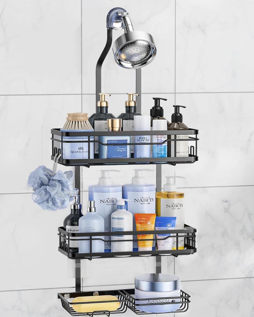 OMAIRA Shower Caddy Hanging Over the Shower Head - Rustproof Shower Organizer Hanging with Soap Scrub Holder, Non-Slip Stainless Steel Bathroom Storage Rack & Shelves, No Drilling, Black