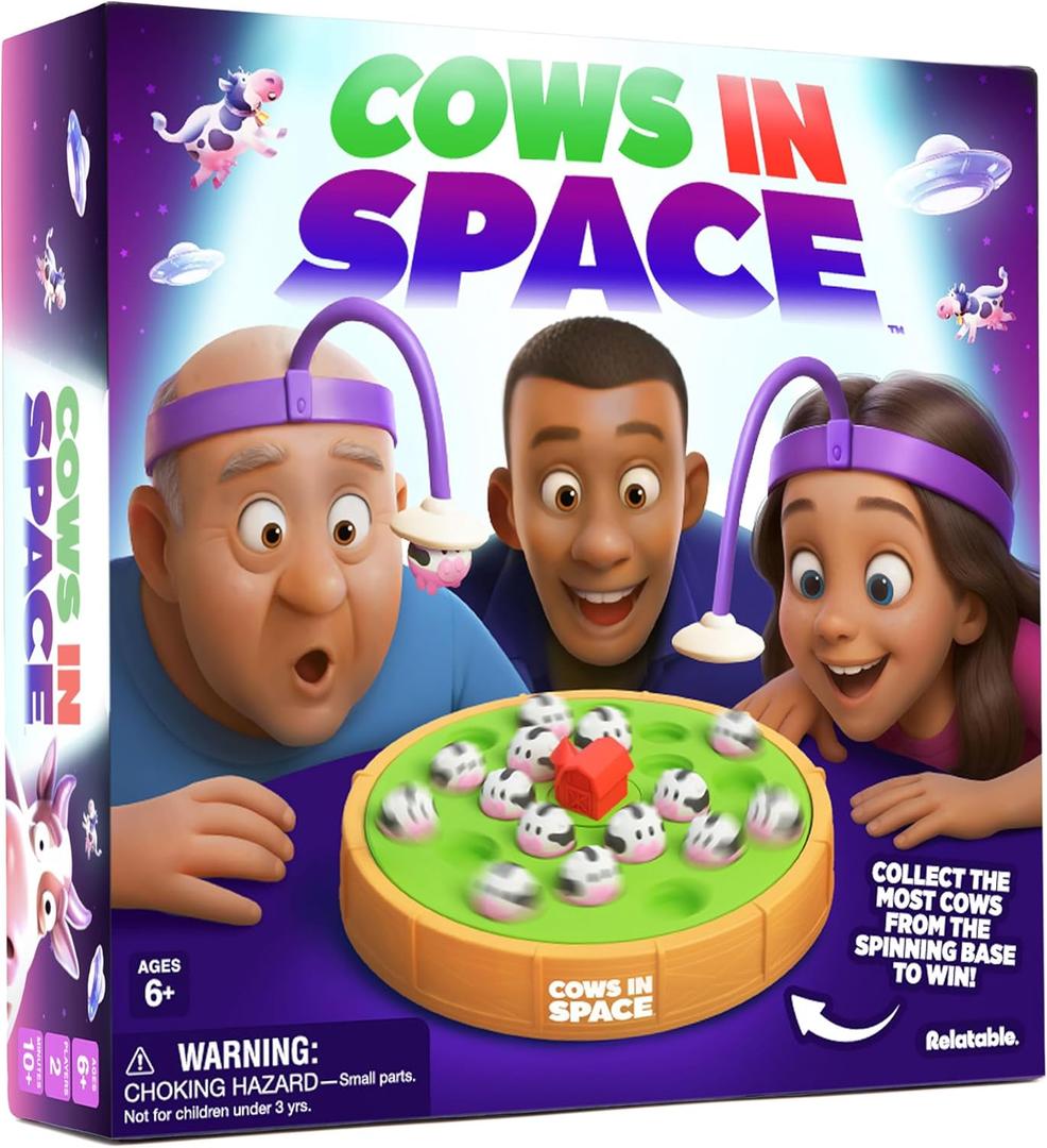 What DO You Meme? Cows in Space, Hilarious Kid-Friendly 2026 Toy of The Year Finalist Game by Relatable, Includes 2 UFO Headbands, 1 Electronic Spinning Base, 21 Cows, and Instructions