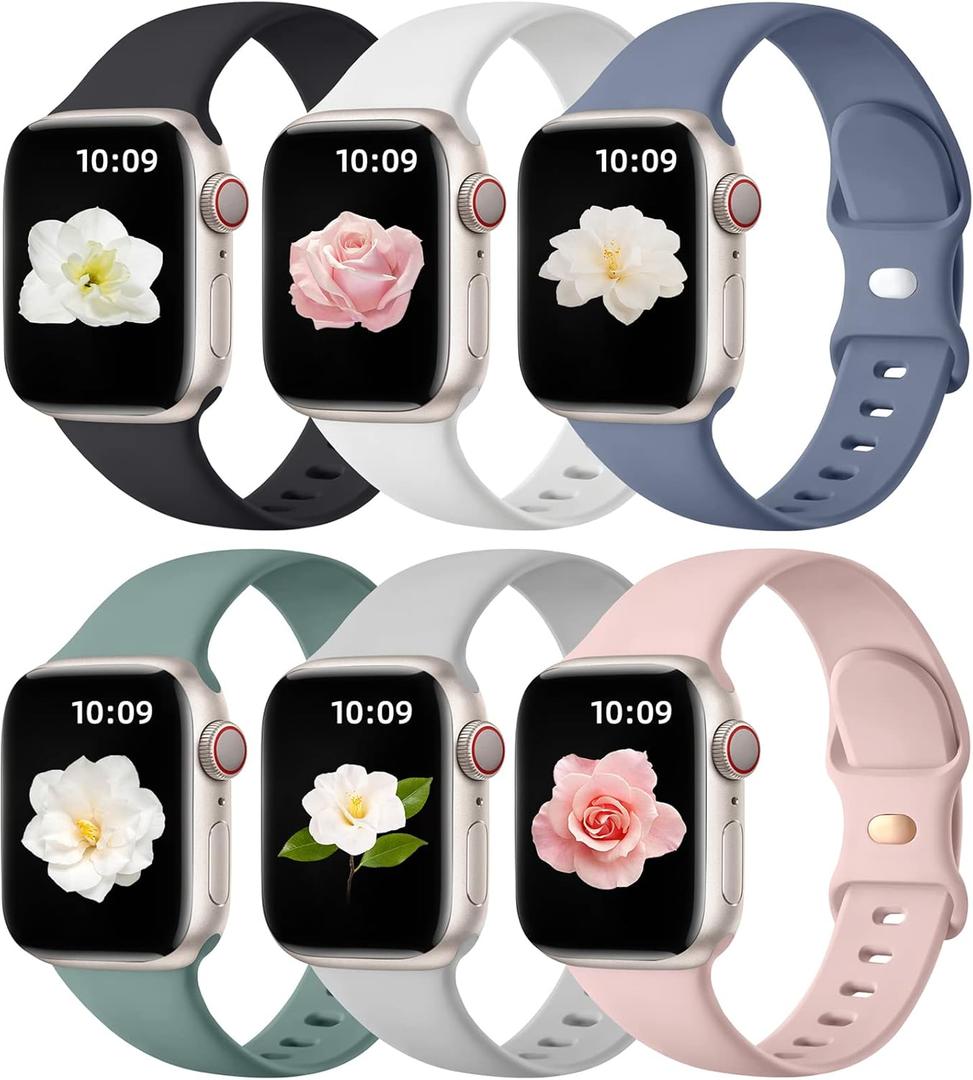 Maledan 6 Pack Bands Compatible for Apple Watch Band 38mm 40mm 41mm 42mm 44mm 45mm 46mm 49mm Women Men, Soft Silicone Sport Band Strap for iWatch Apple Watch Series 11 10 9 8 7 6 5 4 3 2 1 SE Ultra (Black/ Blue Gray/ Gray/ Pind Sand/ Pine Green/ White)