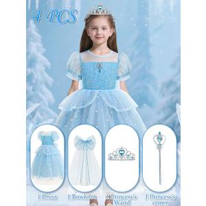 YYSSNM Girls Princess Costume Set with Crown, Magic Wand & Trailing Bow  Elegant Party Dress for Cosplay, Birthdays, Halloween, 130