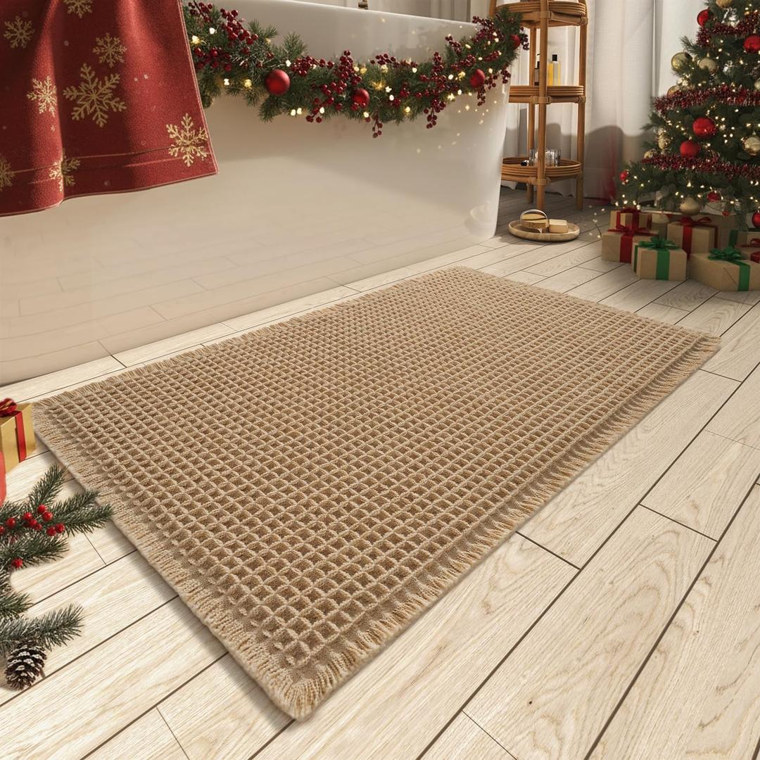 AMOAMI Upgraded Waffle Bath Mat, Super Absorbent Non Slip Bath Mats for Bathroom Floor, Machine Washable Bathroom Rugs with Tassels, Rubber Backed Bathroom Mats, Ultra Soft, 18" x 30", Brown (1'6" x 2'6" (Rectangular))