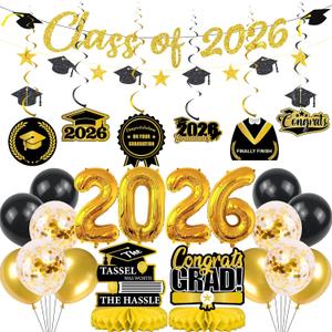 Graduation Decorations Class 2026 Grad - 26 Pcs Black Gold Graduations Caps Banners Balloons Table Honeycomb Centerpieces Haing Swirls Party Supplies for Senior High School College Congrats Decor