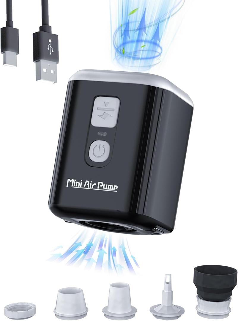 Portable Air Pump for Inflatables: Mini Air Pump with 1600mAh Battery & Camping Light - Rechargeable Electric Pump for Vacuum Storage Bags, Air Mattress, Swimming Ring, Pool Floats
