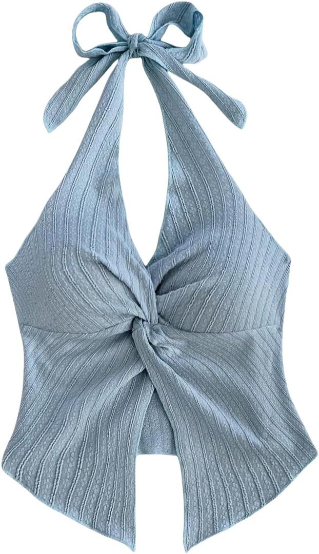 QJQ Women's Halter Tops Twist Front Slit Backless Cute Summer V Neck Tank Top Vacation Outfits (Blue, M)