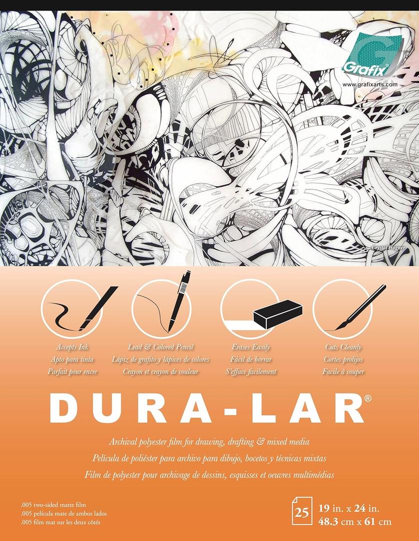 Grafix Dura-Lar 0.005" Film, Matte, Translucent 19"x24", Economical Alternative to Drafting Film, Mylar and Acetate, Translucent Drawing Surface for Lead, Ink, Charcoal and Paint, Pad of 25 Sheets Grafix Dura-Lar 0.005" Film, Matte, Translucent 19"x24", Economical Alternative to Drafting Film, Mylar and Acetate, Translucent Drawing Surface for Lead, Ink, Charcoal and Paint, Pad of 25 Sheets