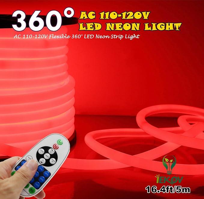 [Upgrade] 360° LED NEON Light, AC 110-120V Flexible 360 Degree LED Neon Strip Lights, Dimmable & Waterproof NEON LED Rope Light + Remote Controller for Decoration (16.4ft/5m, Red)