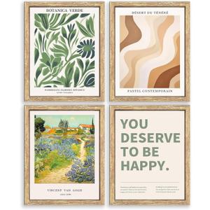 GUMEYJIA Modern Wall Art Print Set 4 Piece Wall Decor Collection Botanical Verde Desert Contemporary Van Gogh Garden Inspirational Quote Wood Frame (8"x10") (Multicolor)