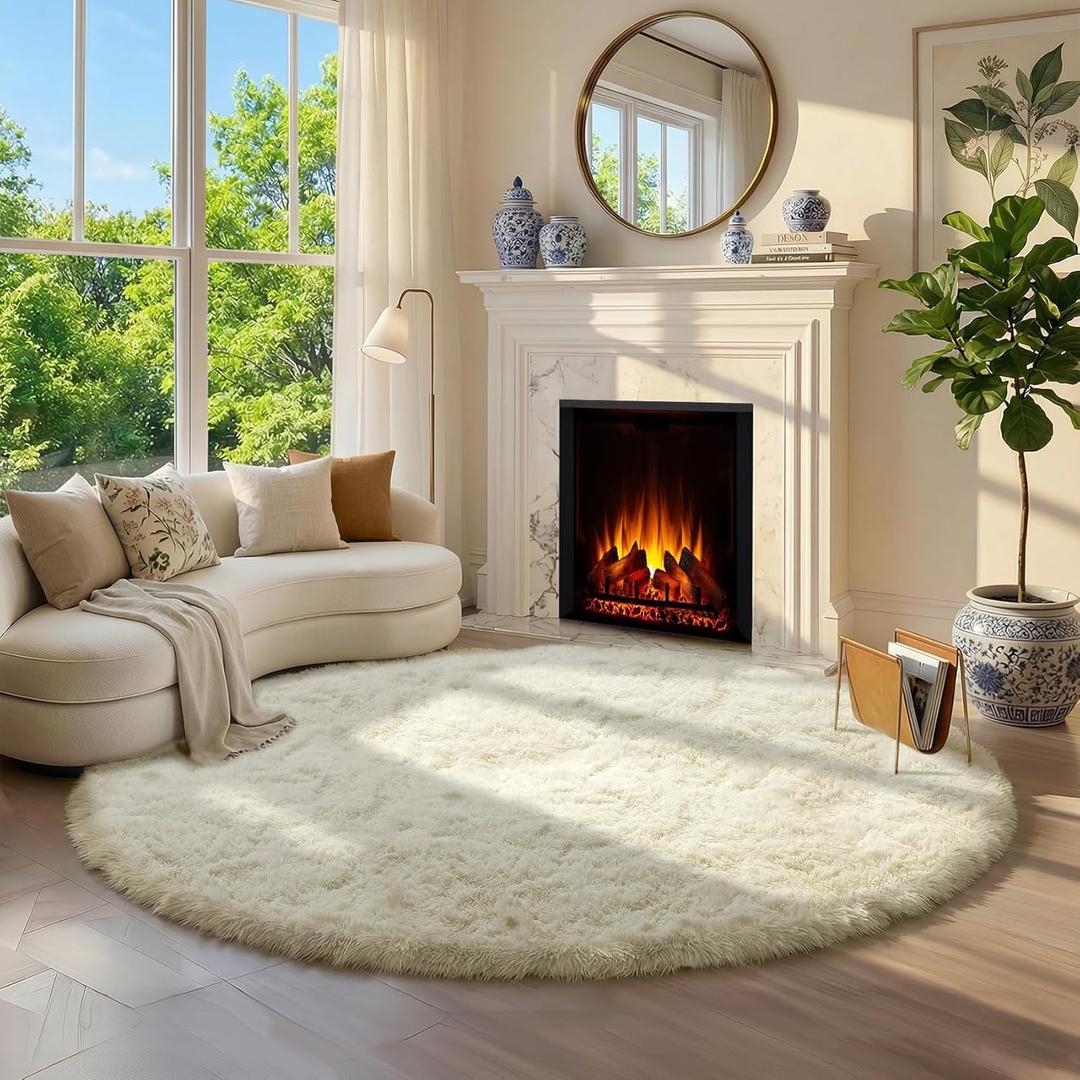 Amdrebio Ivory White Round Circle Rug 6Ft for Kids Bedroom Aesthetic, Big Shag Fluffy Fuzzy Boho Area Rugs for Living Room, Circular Plush Soft Shaggy Cream Carpet for Baby Nursery Teen Girls Boys