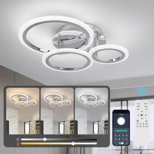 Dimmable Modern Led Ceiling Light 3 Rings Dimming Circle Modern Living Room Light Fixture Chrome Acrylic Flush Mount Ceiling Light with Remote for Bedroom Bathroom Kitchen Balcony Corridor