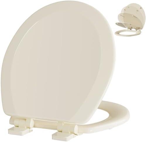 Angol Shiold Quiet-Close Molded Wood Toilet Seat with Non-Slip Adjustable Hinges, Anti-Pinch Bumpers, Easy Install & Clean（Bone, Round 16.5''）