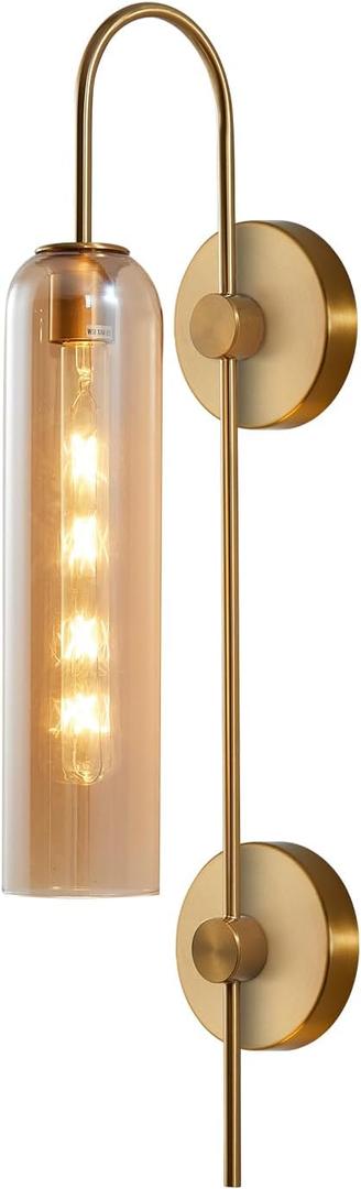 BOKT 1 Light Modern Amber Glass Wall Sconce 31" Mid Century Brushed Brass Tube Wall Sconces Lighting Gold Wall Mounted Light Fixture Indoor Bathroom Vanity Wall Lamp for Bedroom Living Room (Amber)