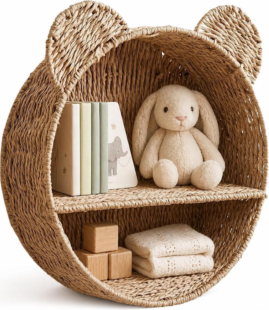 Woven Wall Basket Shelf Bear Nursery Decor  Boho Handwoven Hanging Wall Decor for Kids Room, Paper Rope Stuffed Animal Organizer, Baby Nursery Floating Shelf (Khaki)