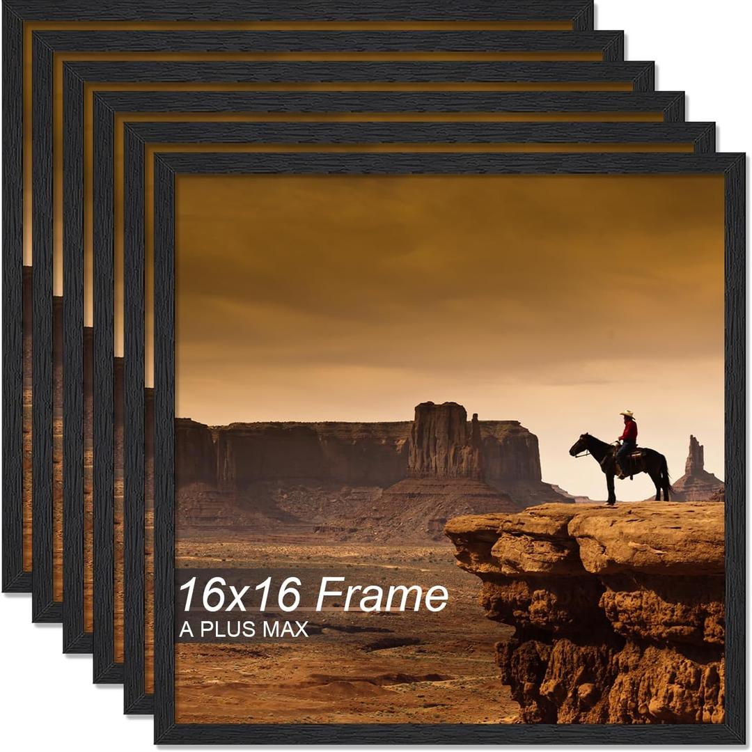 A PLUS MAX Square 16x16 Frame Set of 6, Black Engineered Wood Picture Frame for 16 x 16 Picture Poster Photo, Light Weight 16by16 Frame with Wood-grain for Wall - 6 Pack/Black/16 x16