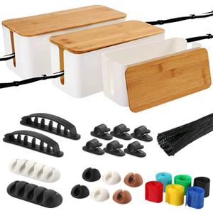 Cable Management Organizer Box, 3 Pack Large Bamboo Lid Wire Box with 23 PCS Cable Organized Set to Cover Hide Surge Protector Power Strips, Cord Concealer for Office, Home, Kitchen Desk (White)