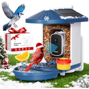 Smart Bird Feeder with Camera Solar Powered,4K HD AI Identify Bird Species, Real-Time Alert and Weatherproof, Auto Record Videos, Ideal Gift for Christmas, Tech Lovers and Parents, Blue