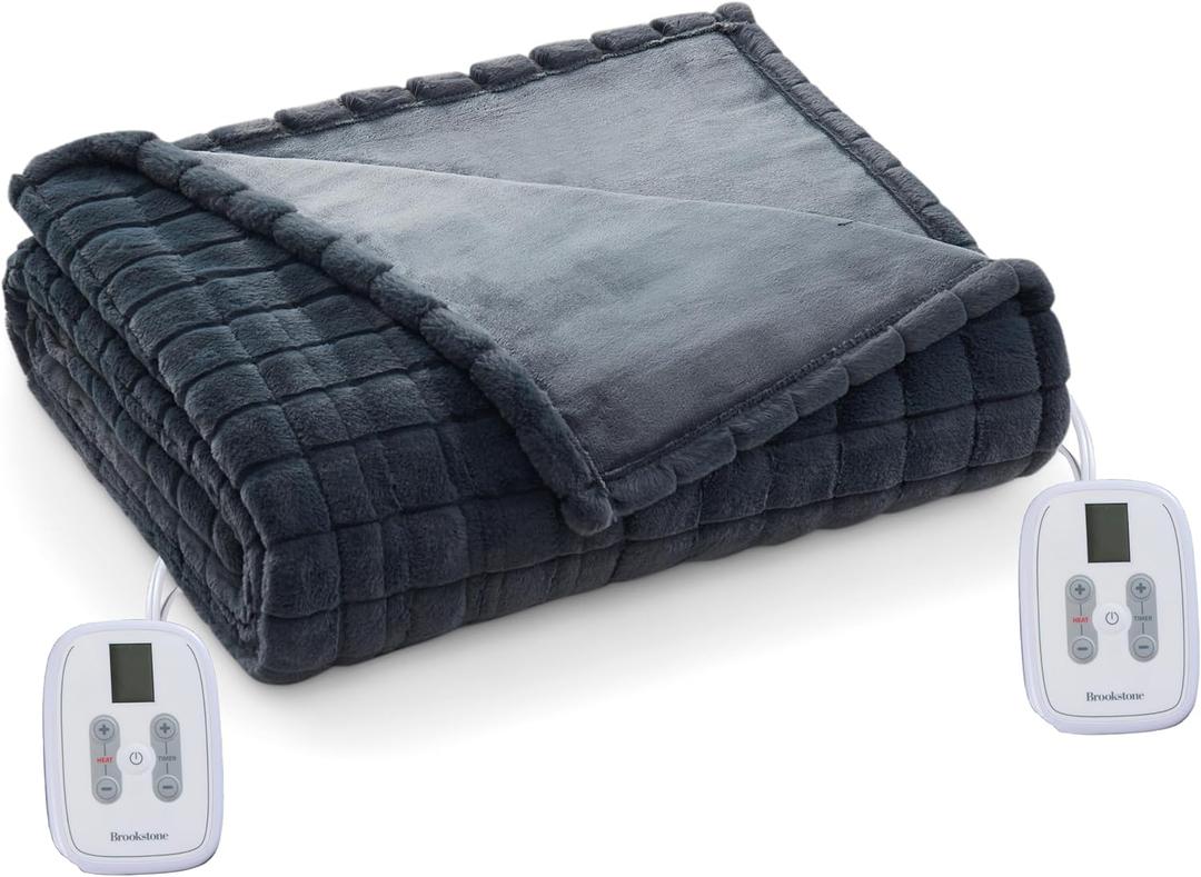 Brookstone Electric Heated Plush Blanket w/ 10 Heat Settings - Adjustable Timer, 12-Hour Auto Shut Off - Machine Washable & Dryer Safe - Polyester Velvet Blanket, King Size - Taupe