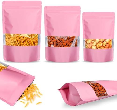 100 PCS Smell Proof Bags, Resealable Packaging Bags Matte Stand Up Foil Pouch with Clear Window, 6.3x9.4 Inch Sealable Smell Proof Pouch for Food Storage Small Business Packaging (Pink)