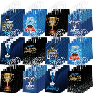 Sinload 24 Pcs Fathers Day Party Gift Bags Happy Father's Day Paper Bags with Handles Dad Treat Goodie Present Boxes Blue Black Party Supplies for Dads Men Anniversary Birthday Decor