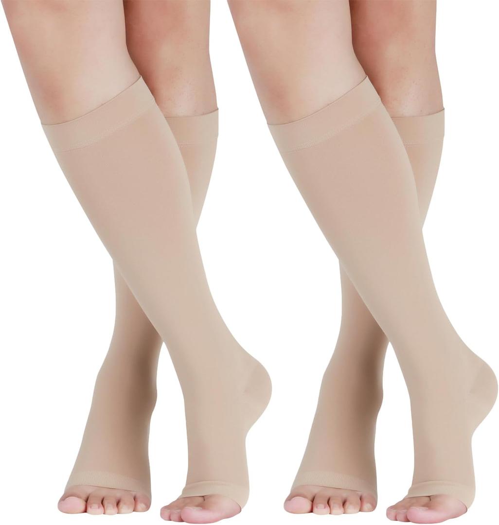 LIN PERFORMANCE Compression Socks for Women and Men Knee High Open Toe Medical Compression Stockings Varicose Vein Swollen legs Travel (Large, Beige/15-20mmhg/2prs)