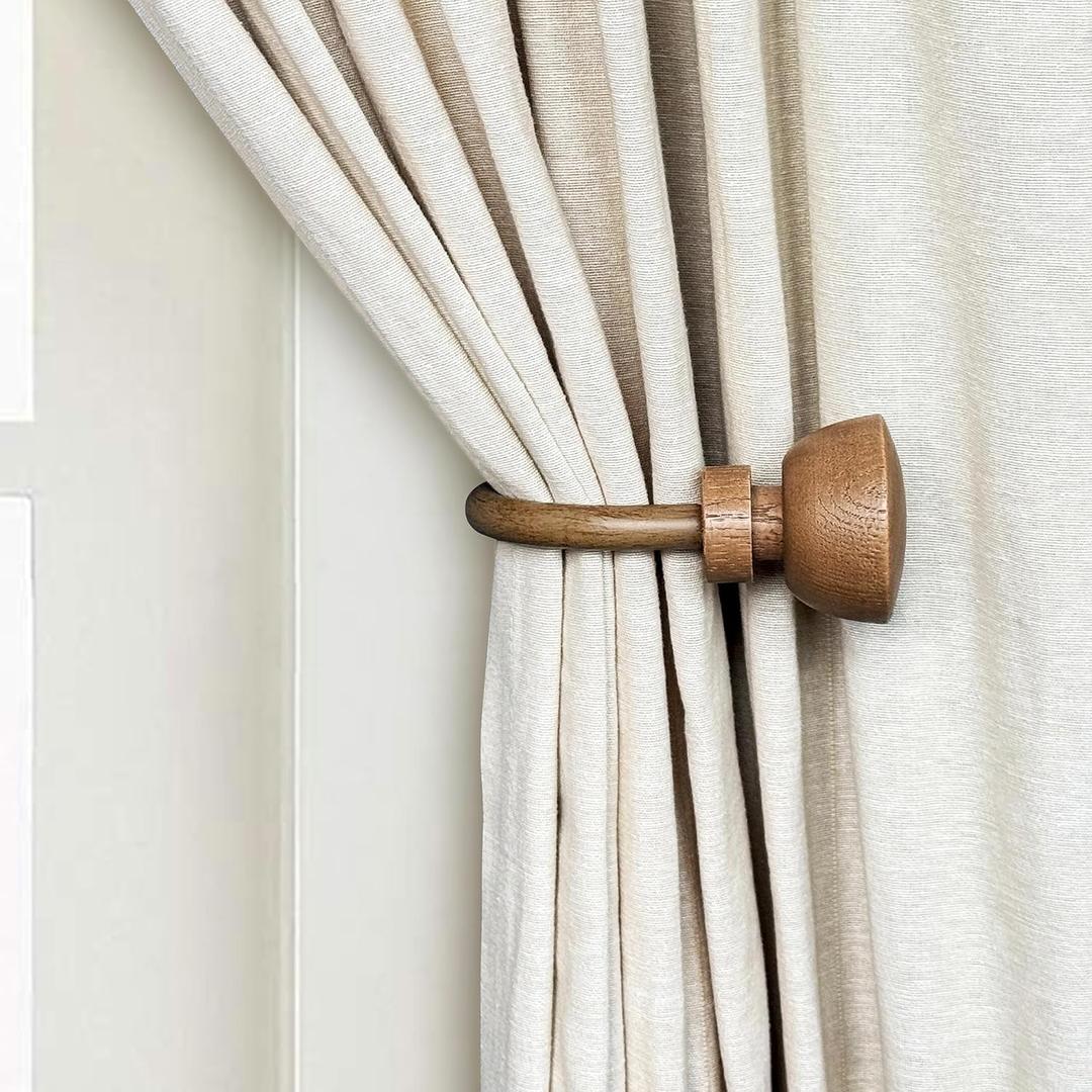 Decorative Curtain Drapery Holdbacks with Faux Wood Design Finials (Chestnut, Set of 2)