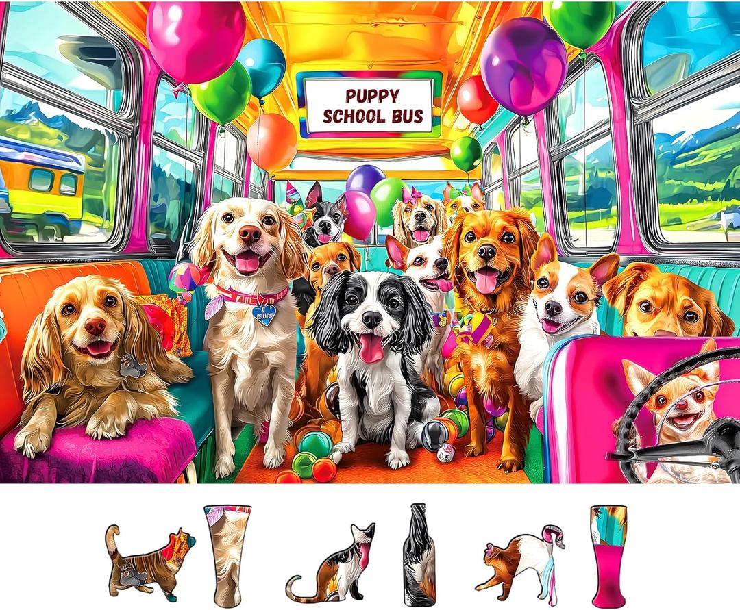 Puppy School Bus Party 500 Piece Puzzle for Adults, Fun Puzzles for Adults 500 Pieces with HD Print & Poster, 23" X 15" Dust Free, for Gifts Halloween Christmas Family Lovers