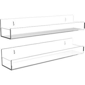 Clear Acrylic Floating Shelves Wall Mounted 15 Inch Invisible Kids Bookshelf Figurine Display Shelf Spice Rack for Office Bathroom Kitchen (2 Pack)