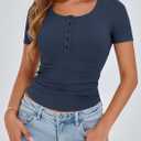PRETTYGARDEN Womens 2026 Summer Short Sleeve Tops Ribbed Henley Button Slim Fit Basic Casual T Shirts Blouse Fashion Clothing (Blue, XL)
