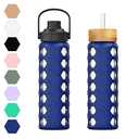 MUKOKO 24oz Glass Water Bottle with 2 Lids-Handle Flip Lid & Bamboo Straw Lid, Motivational Water Tumbler with Time Marker Reminder and Silicone Sleeve, Leakproof - Blue
