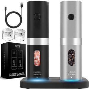 Home Hero Electric Salt and Pepper Grinder Set - Automatic Salt and Pepper Grinder Set Rechargeable. Electronic Salt and Pepper Shakers with LED Light, Electric Pepper & Salt Grinder, Set of 2 (Silver & Black)