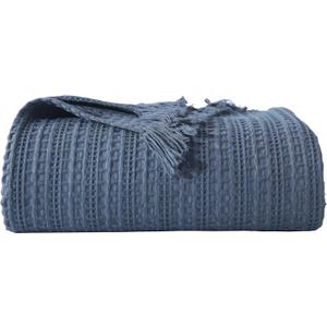 100% Cotton Waffle Blanket with Fringe, Pre-Washed Waffle Weave Blanket for All Season, Lightweight Breathable Soft Cozy Throw Blanket for Couch, Bed, Travel (Blue - 50x60 Inches)