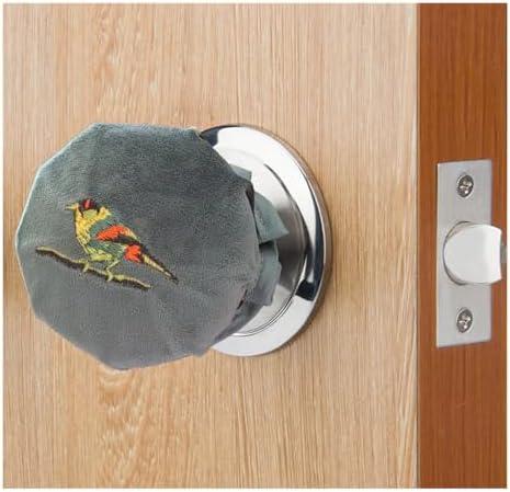 PANSHA Door Knob Cover Grey with Bird Embroidered 2 PCS, Soft Velvet Wall Protector, Decorative Door Knob Cushion Not to Dent Applicances