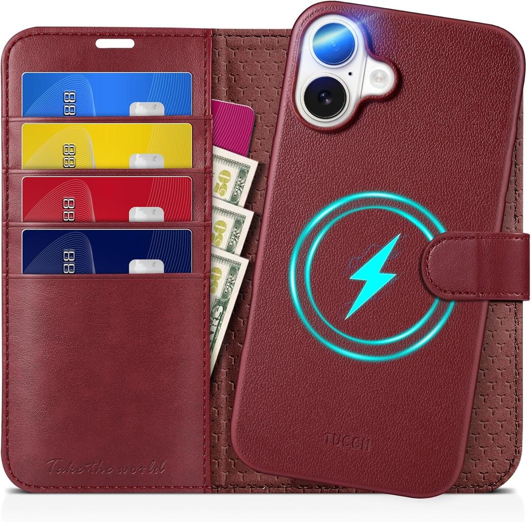 TUCCH Wallet Case for iPhone 16 Pro, Removable 2 in 1 RFID Blocking [4 Card Slots] [Wireless Charging] Kickstand PU Leather Magnetic Detachable Protective Cover Compatible with iPhone 16 Pro, 
Dark Red