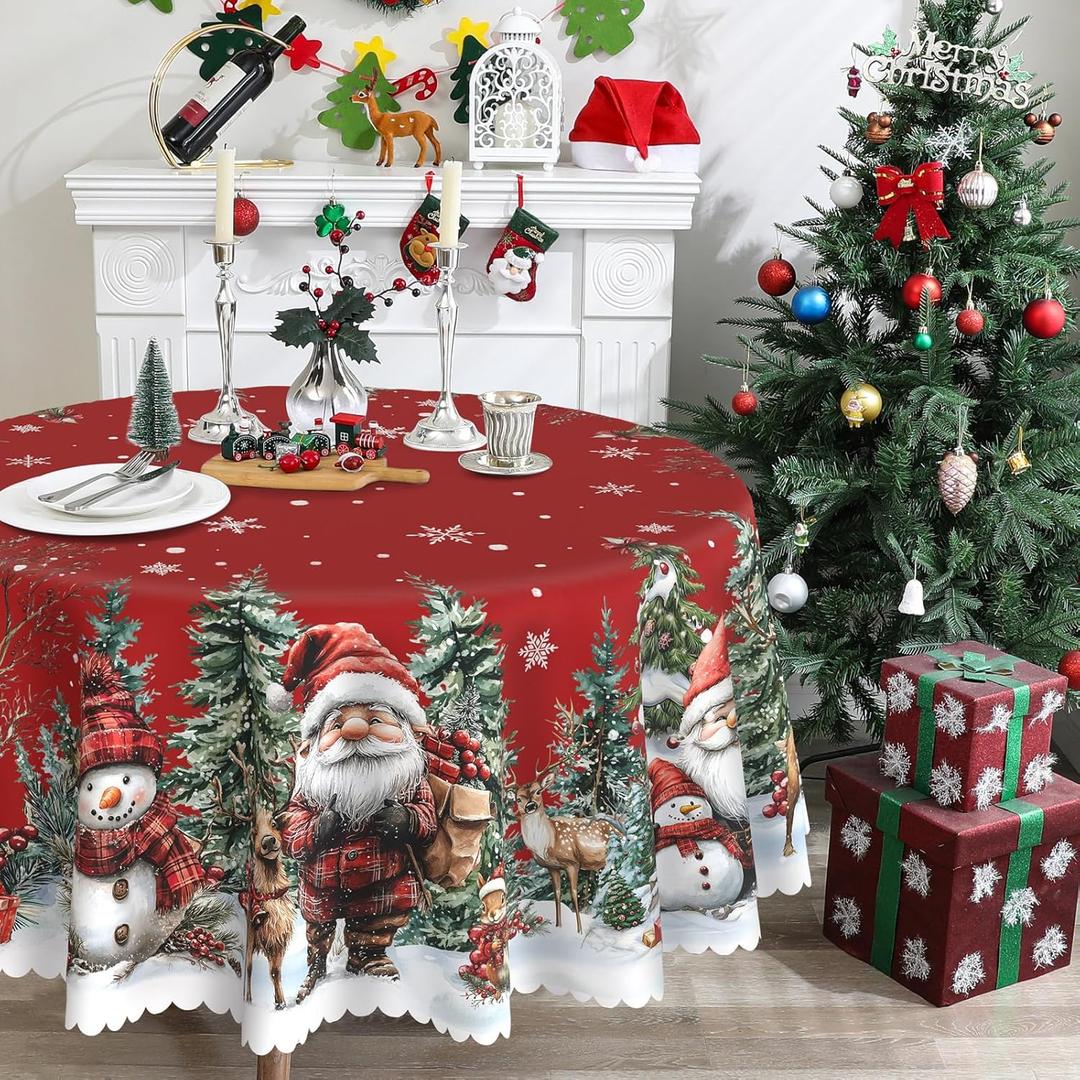 Round Christmas Tablecloth 60 inches - Red Snowman Christmas Decorations for Home - Water Resistant Santa and Snowman Table Cloth - Holiday Xmas Decor for Table, Party