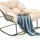 YITAHOME Rocking Papasan Chair, Outdoor Oversized Saucer Chair with Foldable Frame & Comfy Cushion, Wicker Basket Moon Chair for Patio, Porch, Bedroom (Brown+Beige), 1PCS