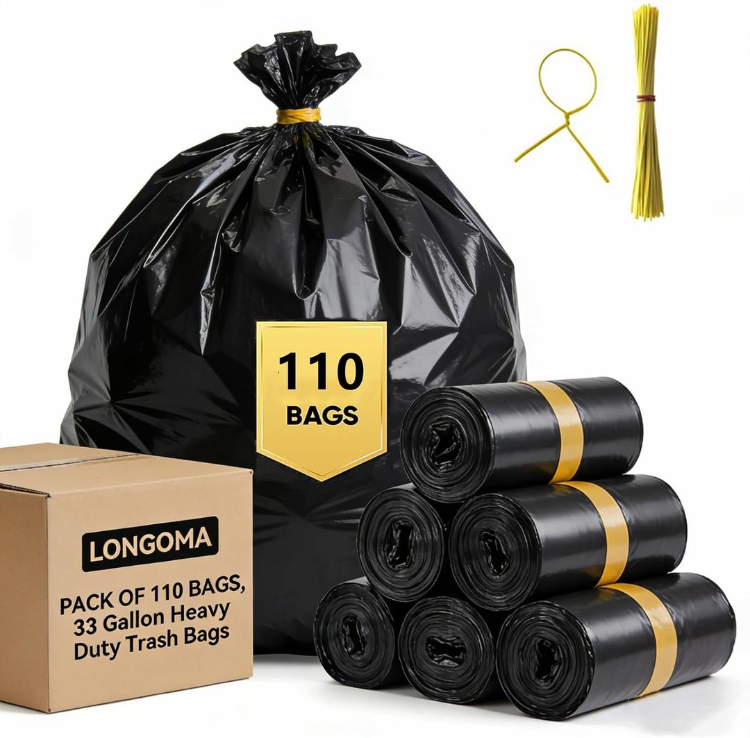 33 Gallon Trash Bags, Heavy Duty Garbage Bags 110 Count 1.7 MIL, 31.5" x 39.4" Large Black Can Liner 30 31 32 Gallon Plastic Bolsas para basura For Home Commercial Construction Outdoor Yard