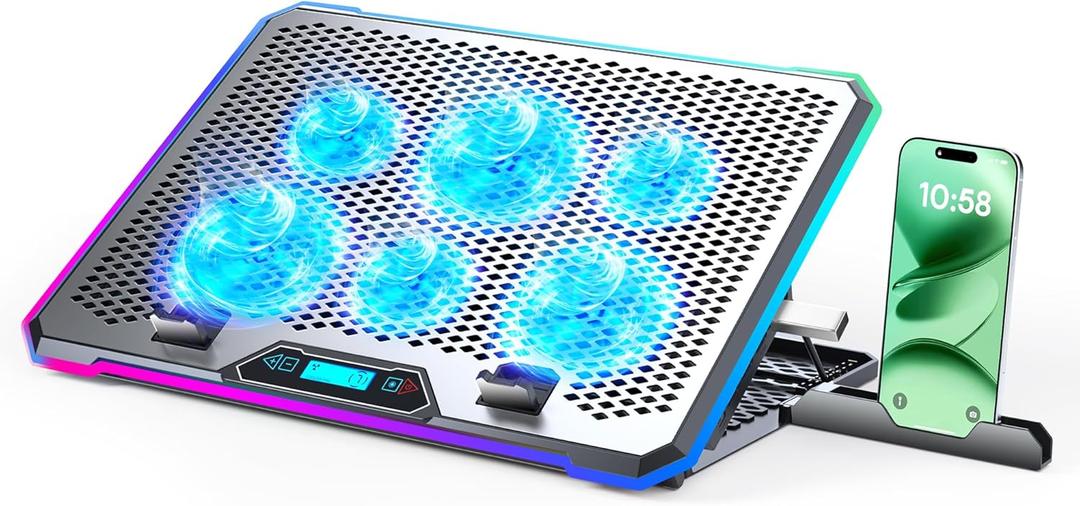 KYOLLY Aluminum Alloy RGB Gaming Laptop Cooler with 6 Fans and LCD Screen - 10 RGB Modes Memory Function, 4 USB Ports 3.0 and 2.0 Hub, 9 Height Adjustable for 10 to 21 Inch Laptops on Desk or Lap