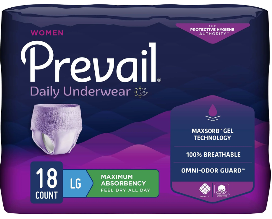 Prevail Daily Underwear Disposable Female Pull On Large, PWC-513, 3, 18 Ct Maximum Absorbency Adult Diapers, Bladder Leak & Postpartum Protection, Up to 8 Hrs of Breathable Odor Control & Discreet Fit