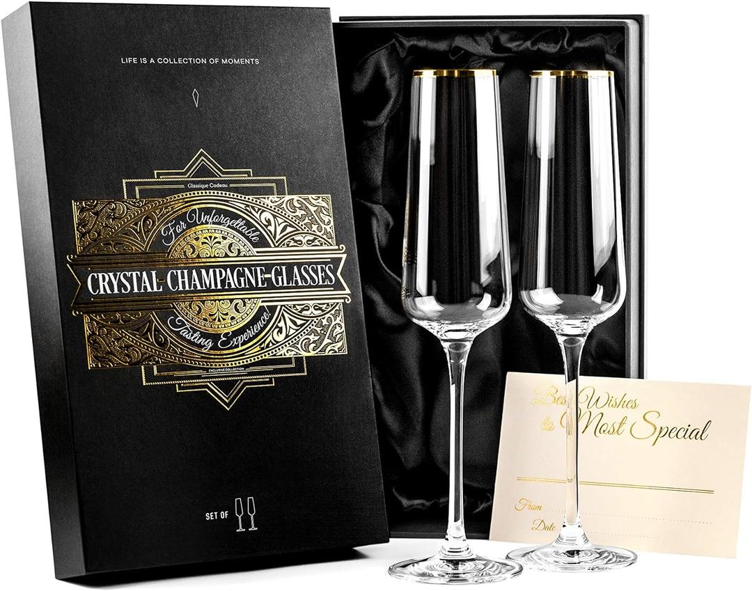 Gold Rim Champagne Gift Glasses | Set of 2 | Crystal Square Toasting Flutes for Bride and Groom, Wedding, Anniversary, Birthday | Elegant Long Stemmed Glassware for Sparkling, Prosecco