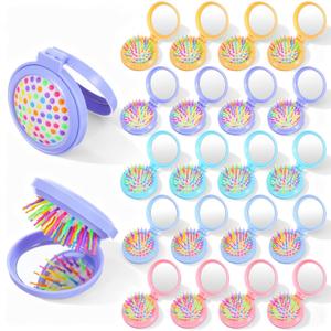 20 Pcs Folding Travel Hair Brushes with Mirror Round Folding Pocket Hair Brush Portable Mini Colourful Pop Up Hairs Brushes for Women Girls Men Makeup Operation Christmas