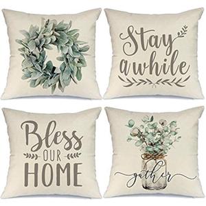 Farmhouse Decor Pillow Covers 16x16 Inch Set of 4 Lamb's Ear Grapevine Wreath Eucalyptus Vase Decorative Throw Pillow Covers Bless our Home Pillowcase Farm Decorations Pillow Case for Couch Sofa