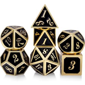 DNDND Metal Dice Set D&D, 7 die Metallic Polyhedral Dice Set with Gift Metal Box and Gold Number for DND Dungeons and Dragons Role Playing Games (Black and Gold)