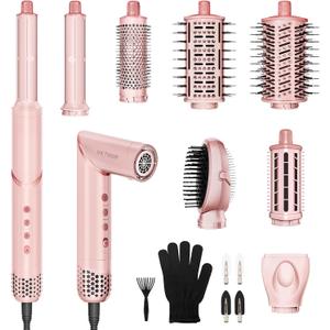 8 in 1 Hair Styler & Air Dryer Wrap Curler, High-Speed Negative Ionic Foldable Hair Tools Fast Drying, Multi Professional Hot Air Styler for Curling Volumizing Straightening Styling (Pink)
