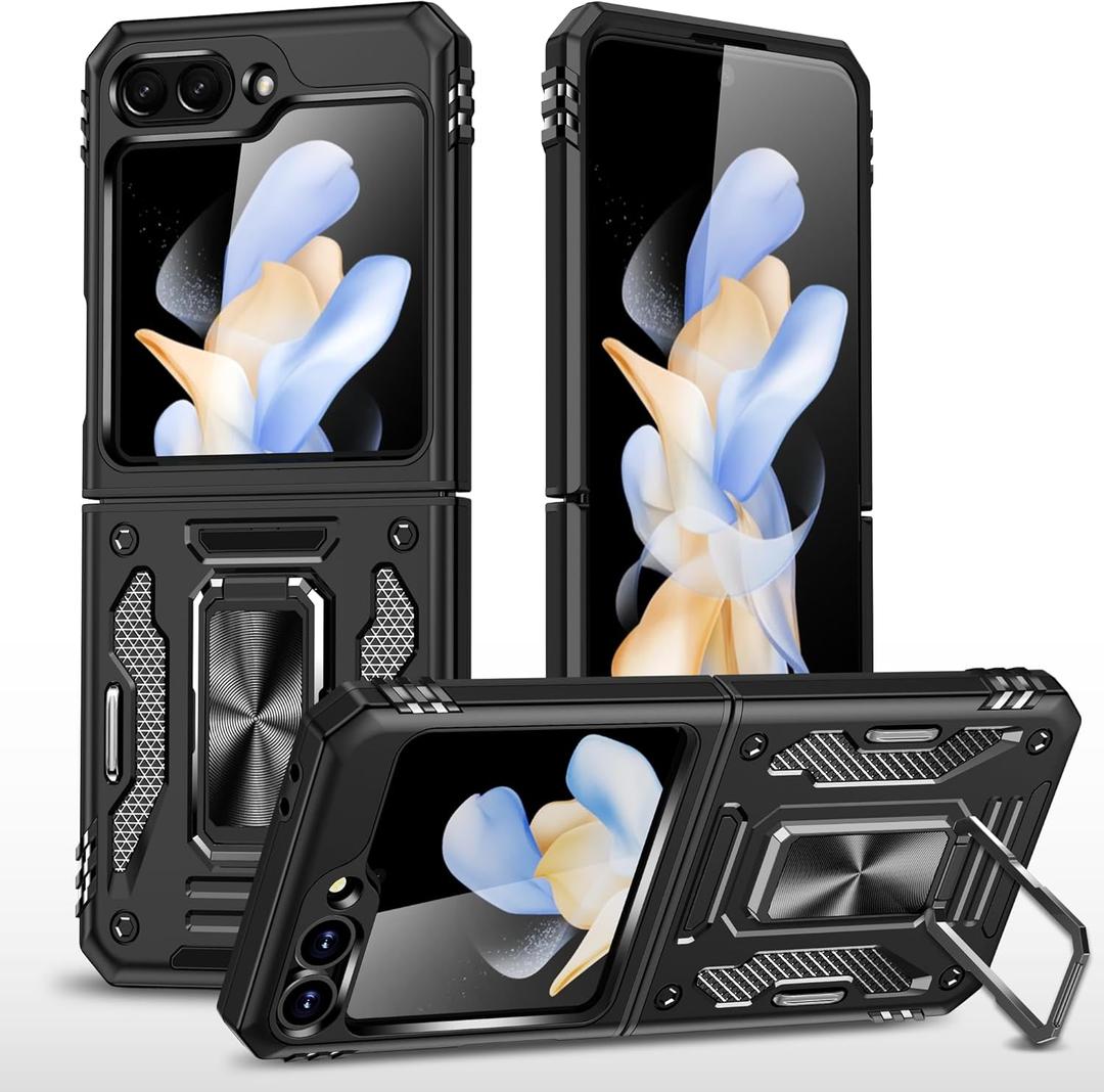 for Samsung Galaxy Z Flip 6 Case with Screen Protector,Built-in Slide Camera Cover+360Stand Ring for Z Flip 6 Case Shockproof Anti-Scratch Military-Grade Drop Heavy Duty Protection Black