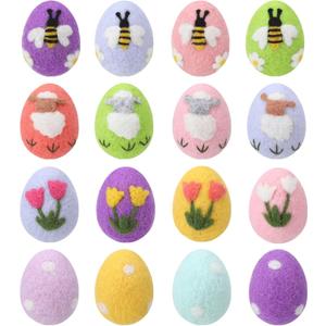 16 Pcs Easter Felted Eggs Bulk Basket Decor,Large Pastel Easter Egg Wool Felt Spring Crafts Tree Hanging Ornaments for Easter Egg Hunt Surprise Egg Party Tiered Tray Decor Goat, Bee, Tulip