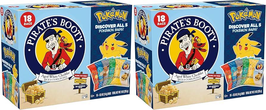 PIRATE'S BOOTY Pokémon Aged White Cheddar Rice & Corn Puffs, 0.5 oz Bags (18 Count), 3 Pack, BB 01/21/2026